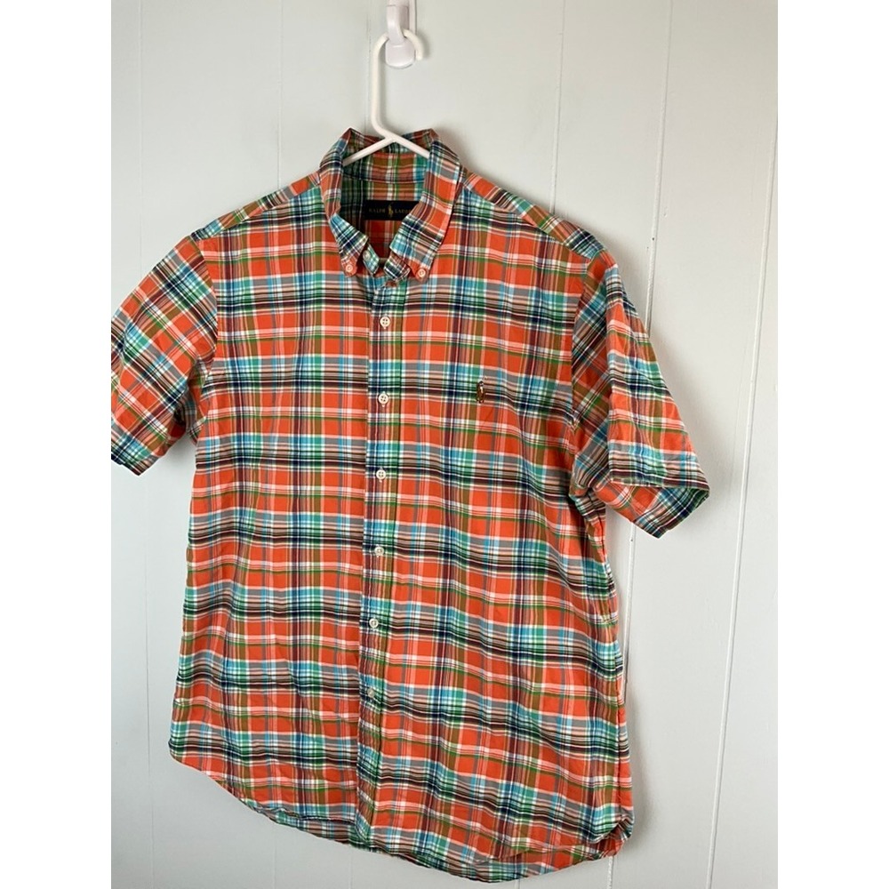 Ralph Lauren Mens Large Orange Green Plaid Short Sleeve Button Down Shirt Cotton